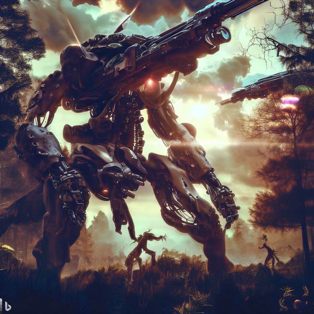 future mech dinosaur with guns fighting in tall forest, wildlife in foreground, surreal clouds, bloom, lens flare, glass body, h.r. giger style 3.jpg